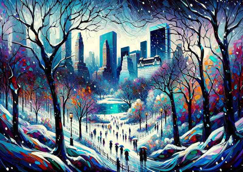 Winter's Embrace Snowfall in Central Park New York | Metal Poster