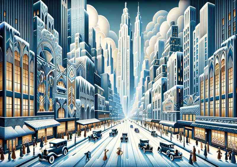 Winters Embrace A Snowy Cityscape in Art Deco Style | Metal Poster