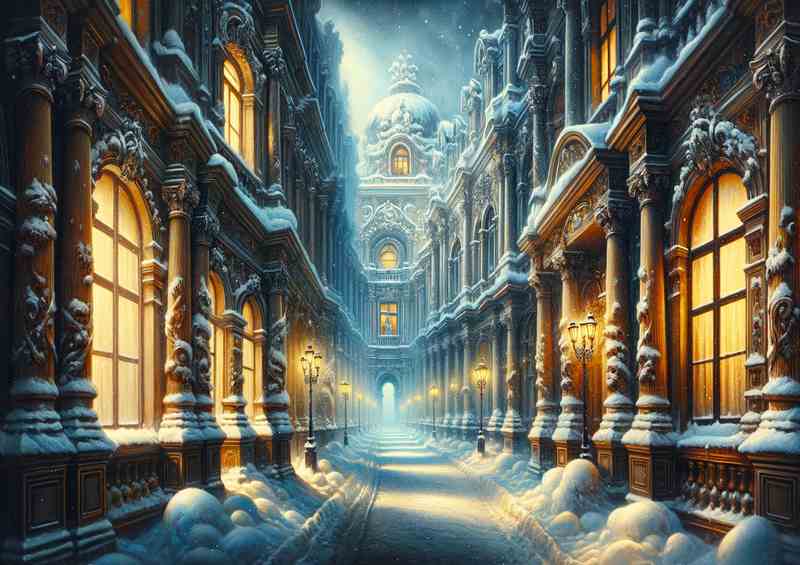 Winters Hush A Snowy Alley in Baroque Style | Metal Poster