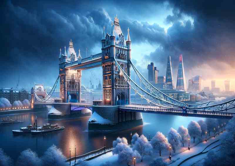 Winters Majesty Snowy Evening at Tower Bridge London | Metal Poster