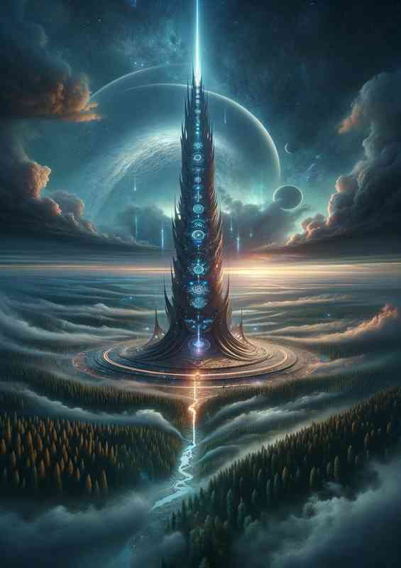 A fantasy planet The scene captures a colossal tower | Metal Poster