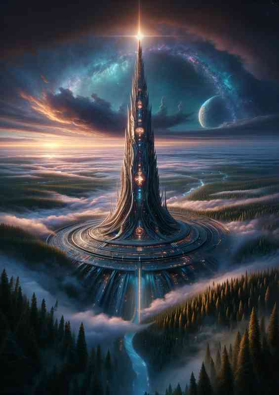 A stunning vertical view from a fantasy planet captures a tower | Metal Poster