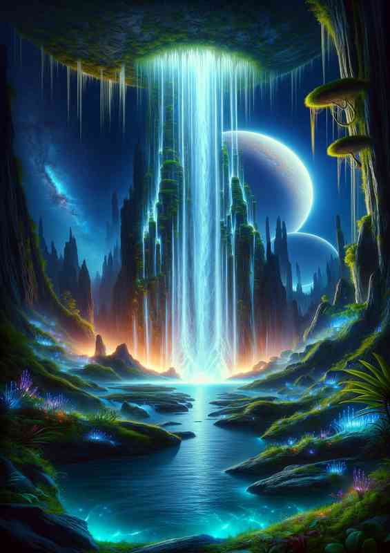 A unique vertical view from a fantasy planet magnifice waterfall | Metal Poster