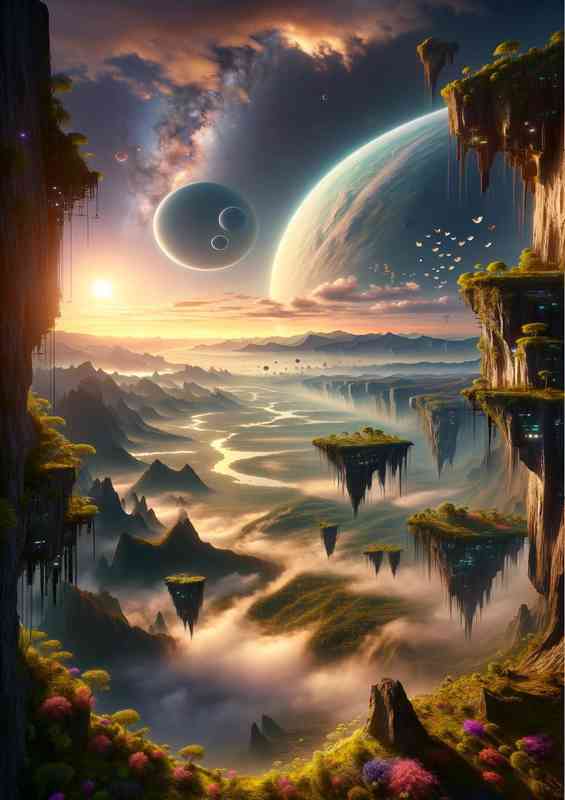 A vertical view from a fantasy planet show casing green beauty | Metal Poster