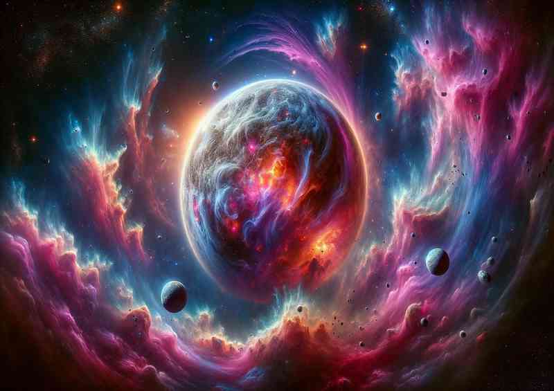A fantasy planet surrounded by a colorful nebula | Metal Poster