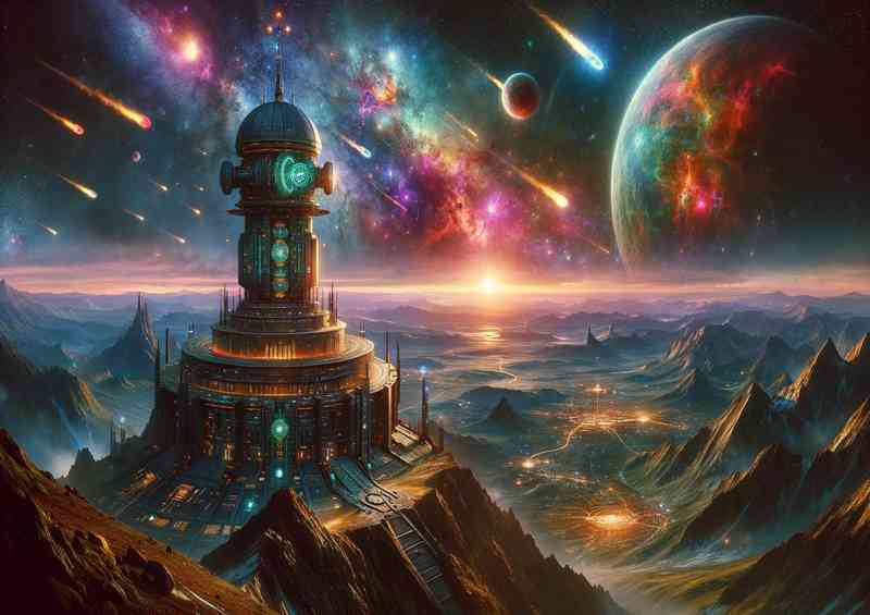A dramatic view from a fantasy planetwith a ancient alien outpost | Metal Poster