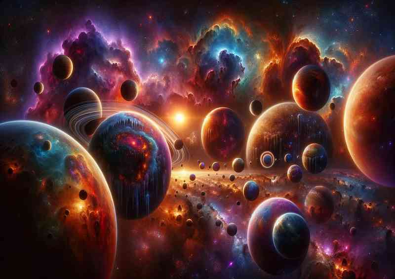 A fantastical space scene includes an array of mixed planets | Metal Poster