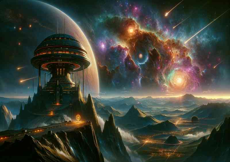 A fantasy planet The scene depicts a large ancient alien outpost | Metal Poster