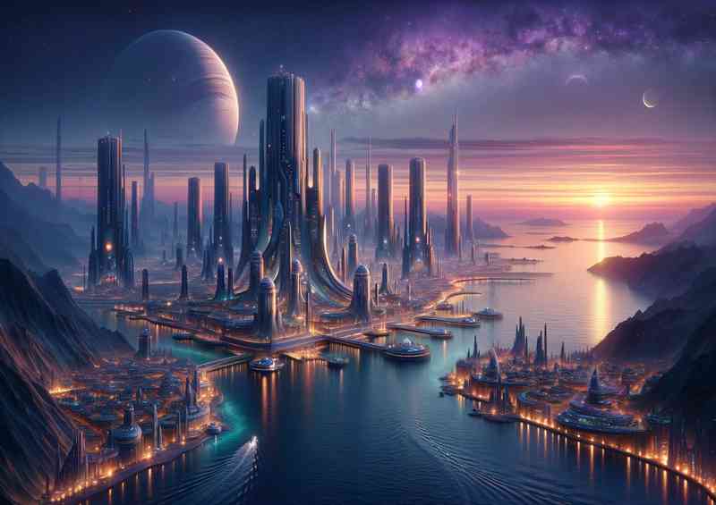 A fantasy planet an alien seaside city | Metal Poster