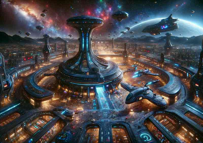 A fantasy planet depicts a large futuristic settlement | Metal Poster