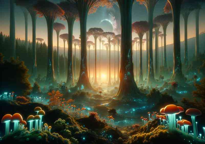 A fantasy planet illuminated mushrooms | Metal Poster