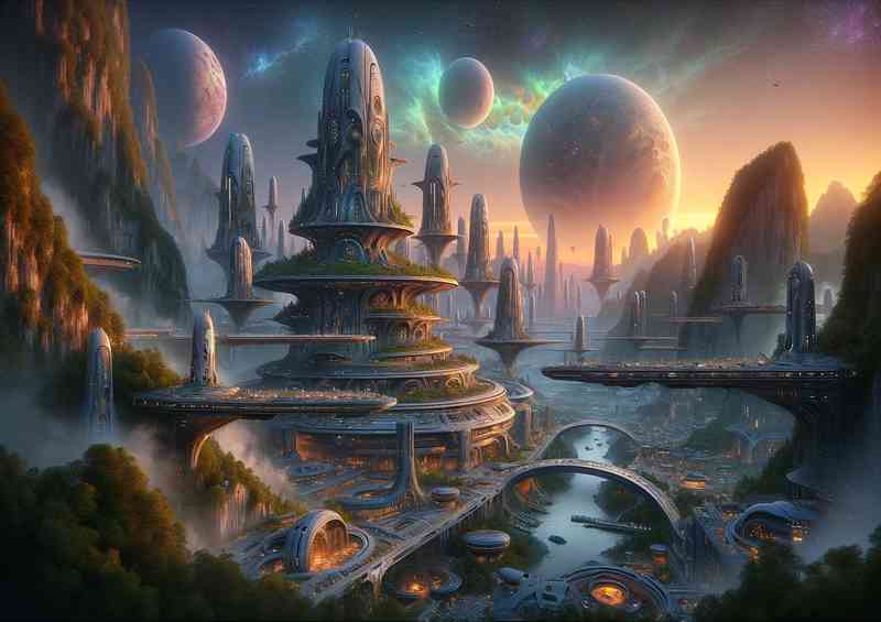 A fantasy planet. The scene depicts an alien city at dawn | Metal Poster