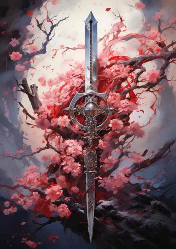Samurai Swords & Cherry Blossom Metal Poster