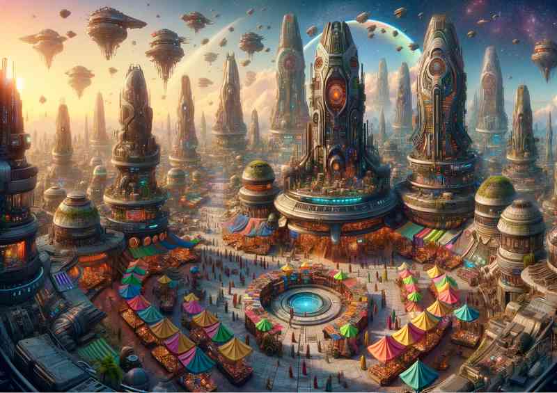 A panoramic view from a fantasy planet a vibrant alien market | Metal Poster