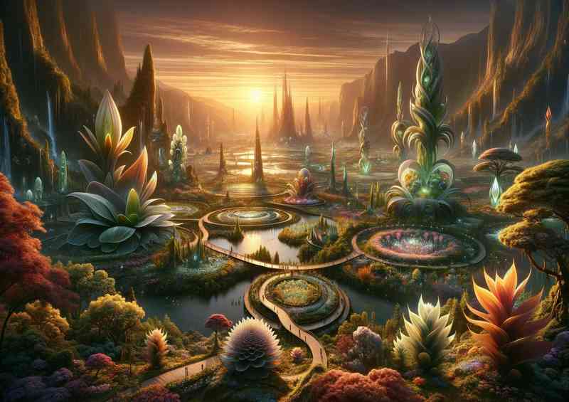 A view from a fantasy planet presents a large alien botani | Metal Poster