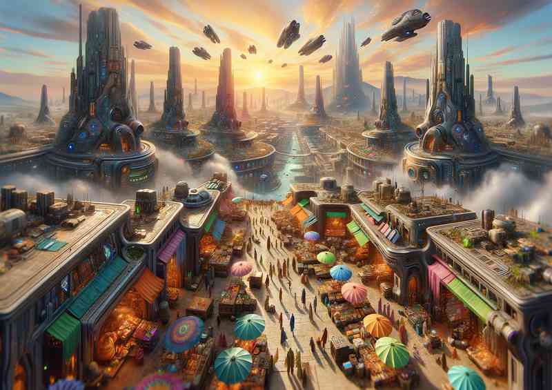 A view from a fantasy planet vibrant alien market | Metal Poster