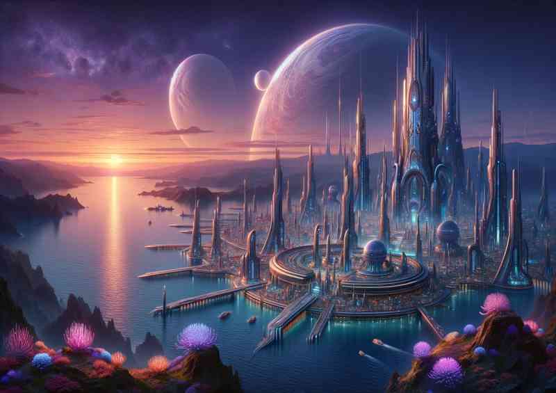 Fantasy planet The scene showcases an alien seaside city | Metal Poster