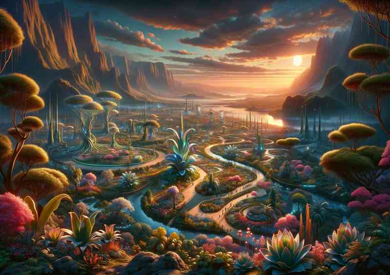 Sweeping view from a fantasy planet a large alien botani | Metal Poster