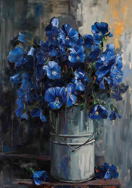 A bucket of blue flowers painted style | Metal Poster