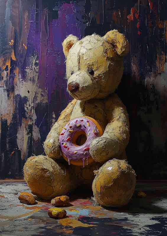 A stuffed bear holding the donut | Metal Poster