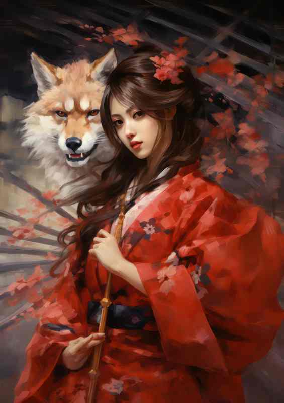 The Delicate World of Traditional Geisha with fox | Metal Poster