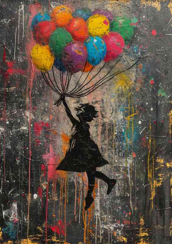 Banksy style girl flying a basket full of balloons | Metal Poster