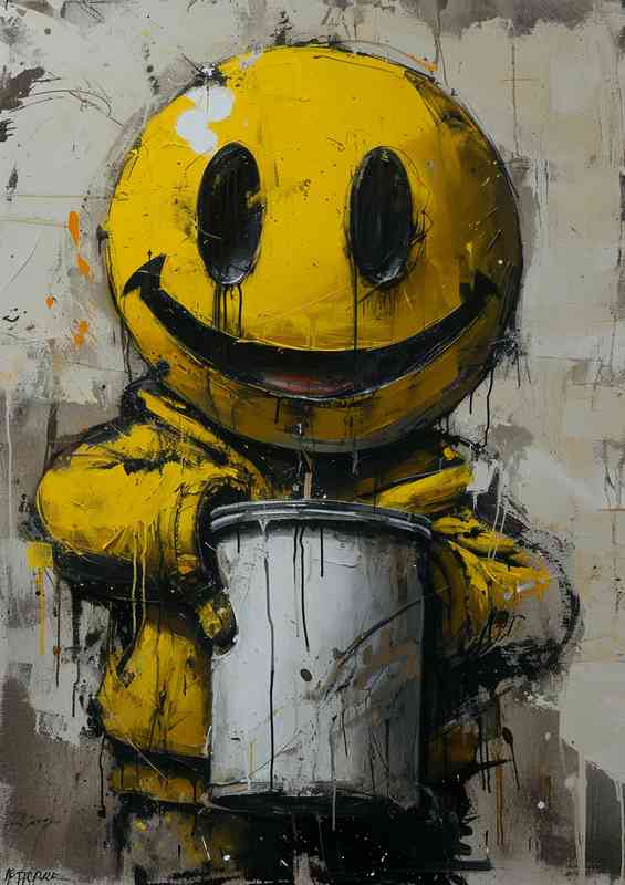 Black white tin and a yellow smiley face | Metal Poster