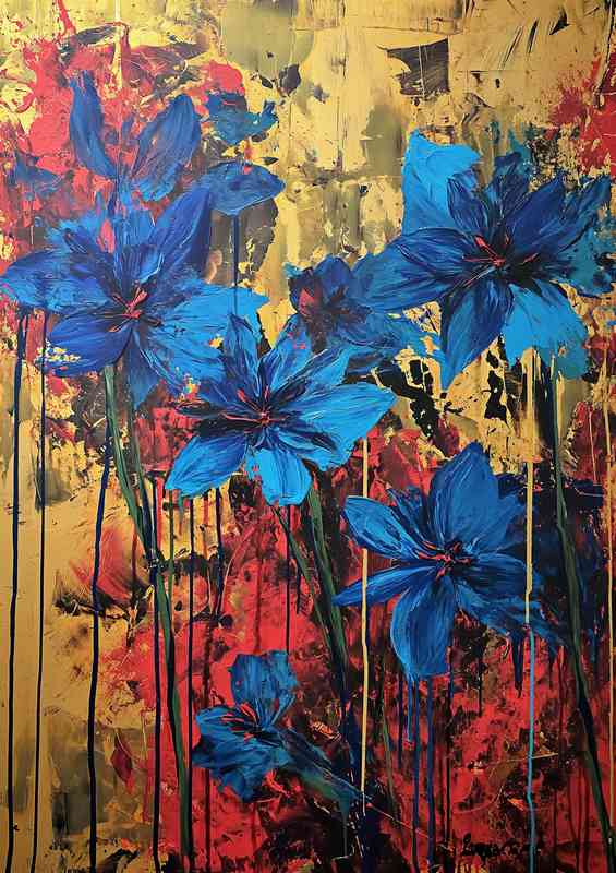Blue and red flowers in bloom art | Metal Poster