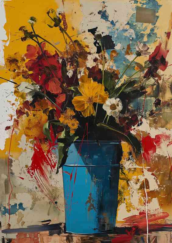 Blue vase full of flowers painted style | Metal Poster