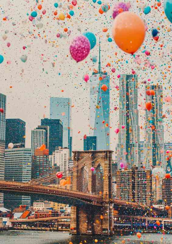 Brooklyn bridge skyline with balloons floating above | Metal Poster