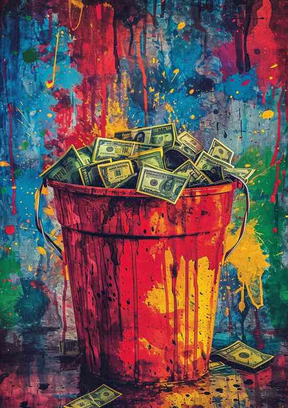 Colorful painting shows a bucket of money | Metal Poster