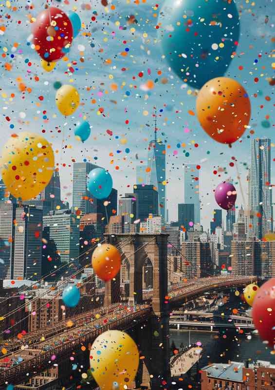 Coloured baloons flying over the brooklin bridge | Metal Poster