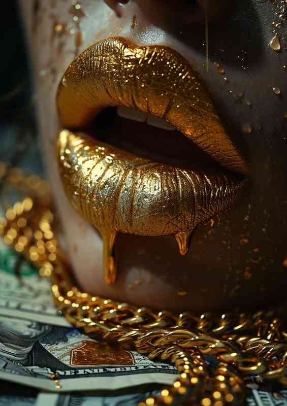 Dripping gold lips and hundered dollar bills | Metal Poster