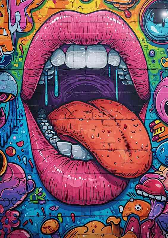 Graffiti wall art mouth with pink lips | Metal Poster