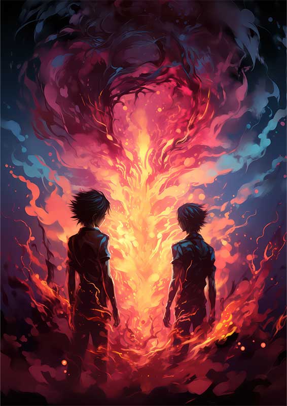 Anime of two boys with fire in dark pink | Metal Poster