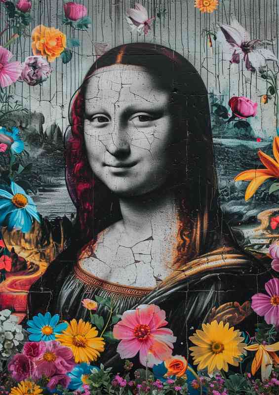 Mona lisa surrounded by flowers new age art | Metal Poster
