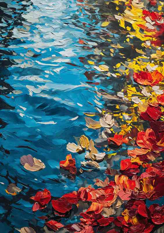 Red flowers and blue water painted style | Metal Poster