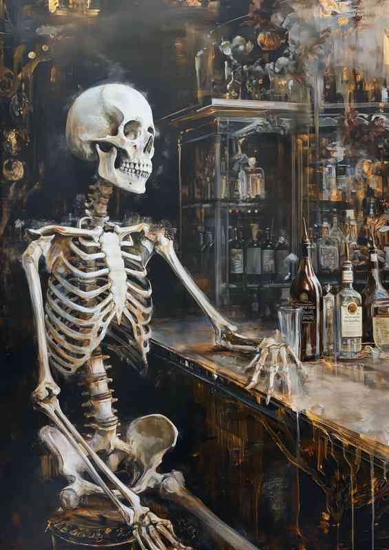Skeleton at the bar waiting for a drink | Metal Poster