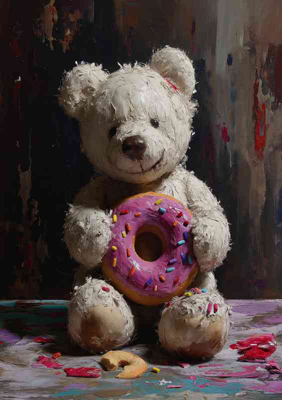 Teady bear and the pink donut | Metal Poster