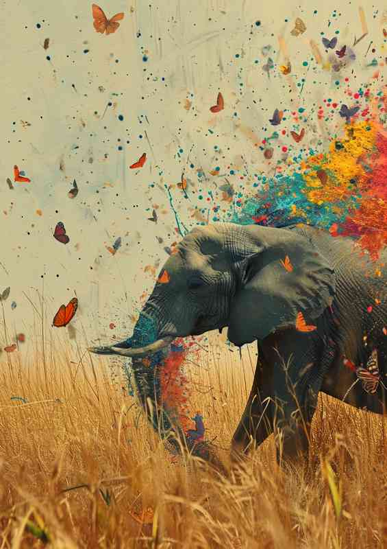The Elephant with the colourful butterflies art | Metal Poster
