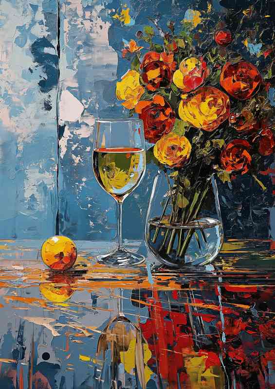 Wine and flowers painted art | Metal Poster