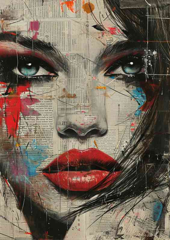 Woman with red lips and blue eyes paper art | Metal Poster