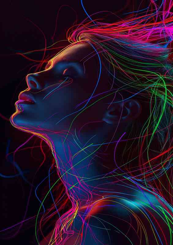 Womans head on with neon style lighting | Metal Poster