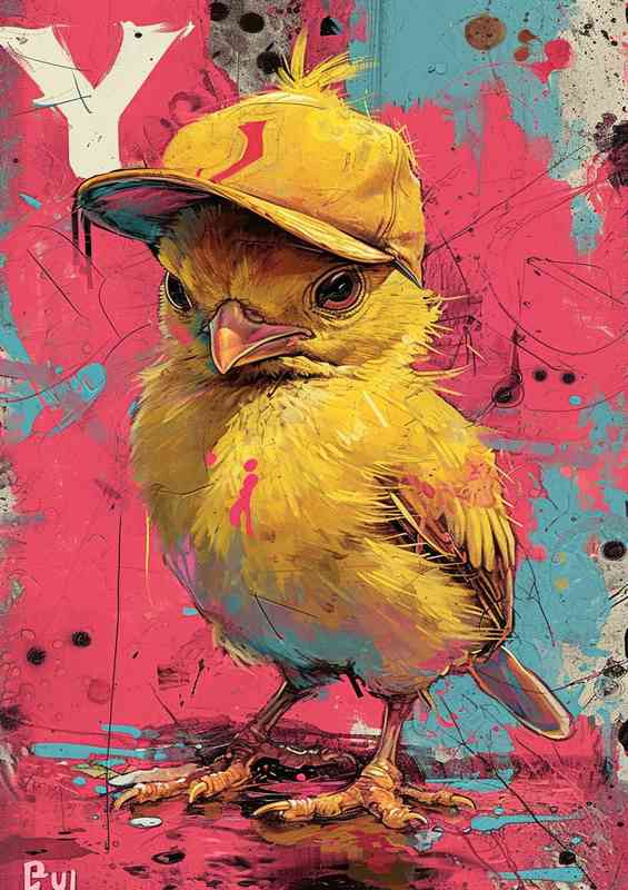 Yellow chick with the cap street wize | Metal Poster