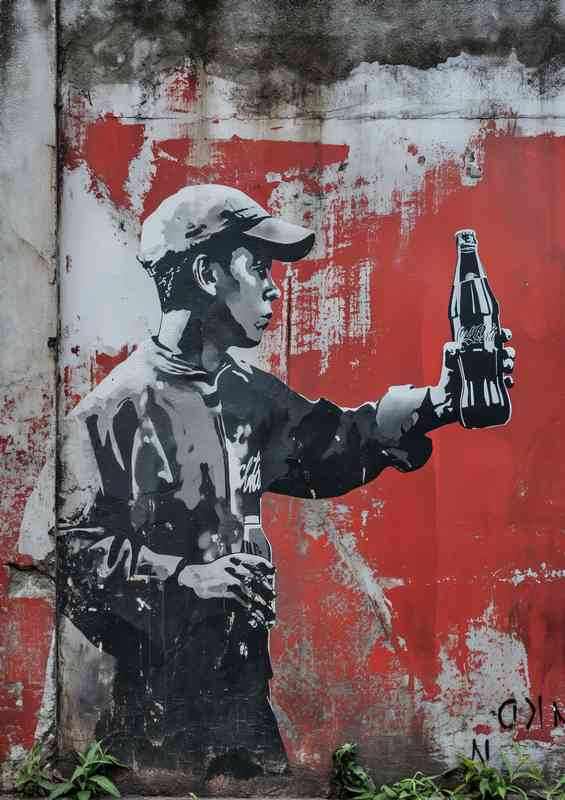 young man holding a drink street art | Metal Poster