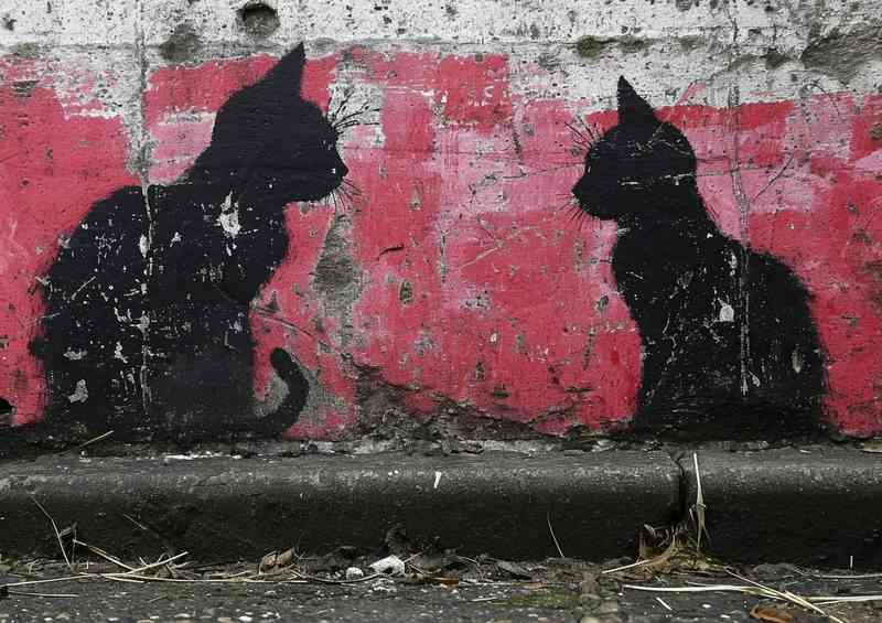 Black cats on a pink wall street art | Metal Poster