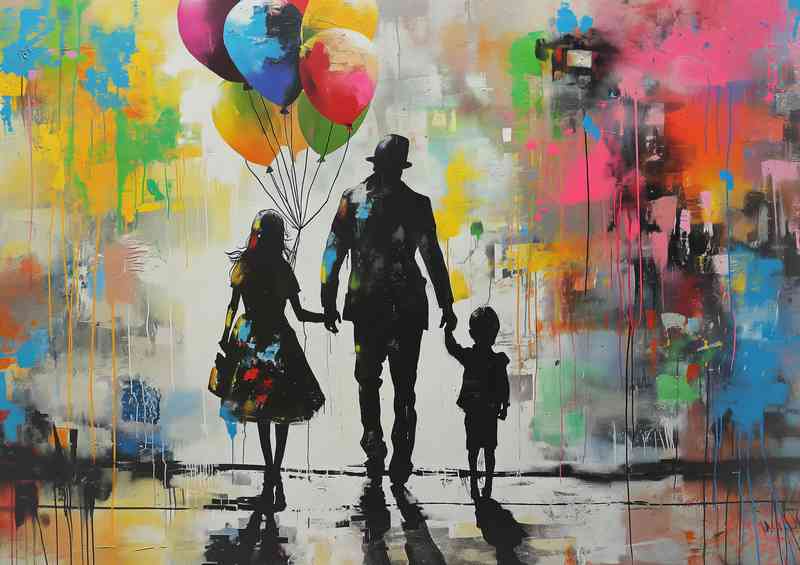 Family holding balloons street art | Metal Poster