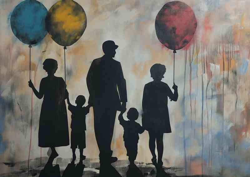 Family holding onto there baloons | Metal Poster