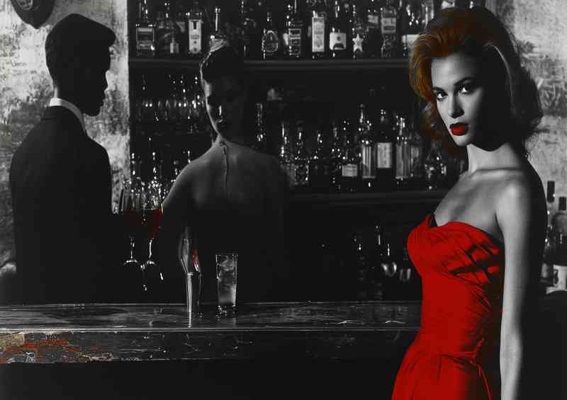 Lady in red having cocktails | Metal Poster