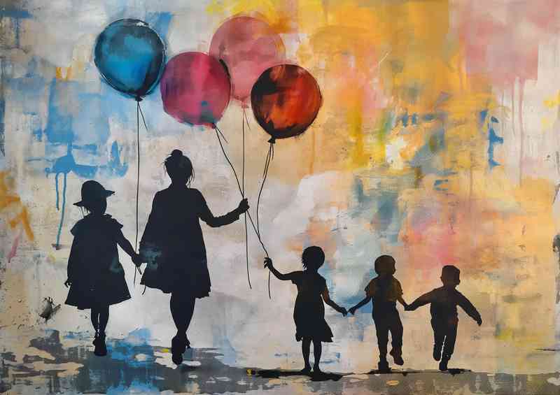 Street family playing with the baloons | Metal Poster
